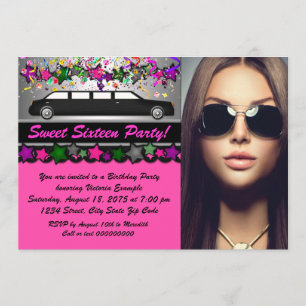 Convites Festa Sweet 16 Foto Preto Rosa Quente Limo Preto
