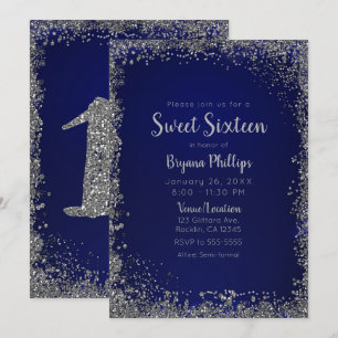 Convites Festa Sweet 16 Glamour Azul Royal e Brilho Pratead