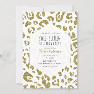 Convites Festa Sweet 16 Glitter Dourado Branco Leopardo Che