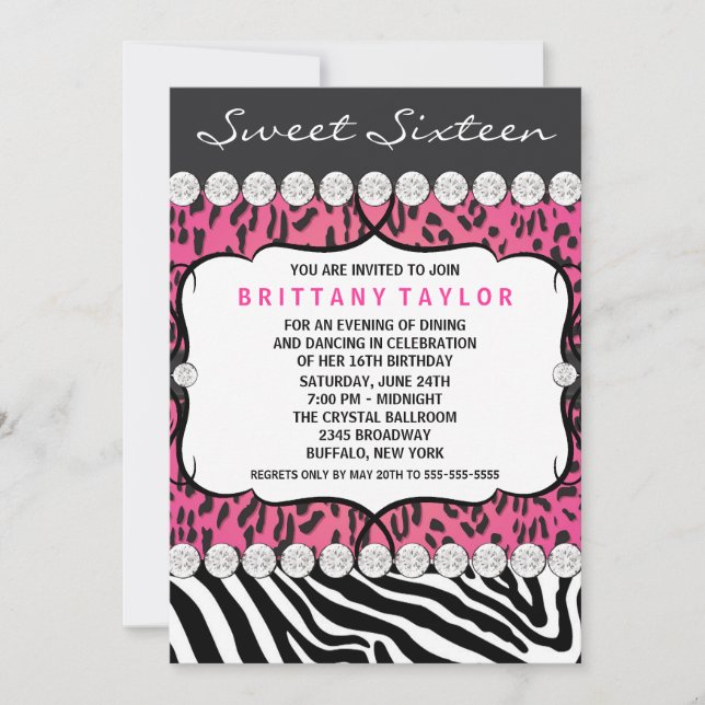 Convites Festa Sweet 16 Pink Leopard Zebra (Frente)