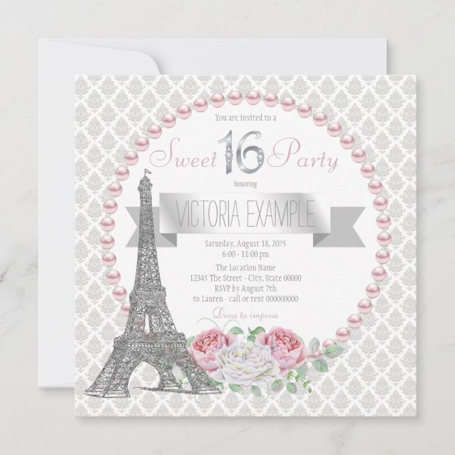 Convites Festa Sweet 16 Pink Pearl Paris (Frente)