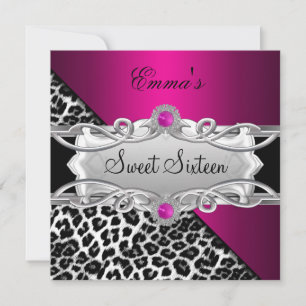 Convites Festa Sweet 16 Prata Rosa Preto Branco Leopardo