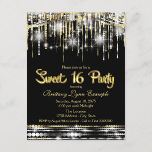 Convites Festa Sweet 16 Preta e Dourada