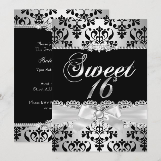 Convites Festa Sweet 16 Preto Prata Damask Pérola Arco (Frente/Verso)