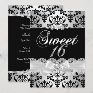 Convites Festa Sweet 16 Preto Prata Damask Pérola Arco