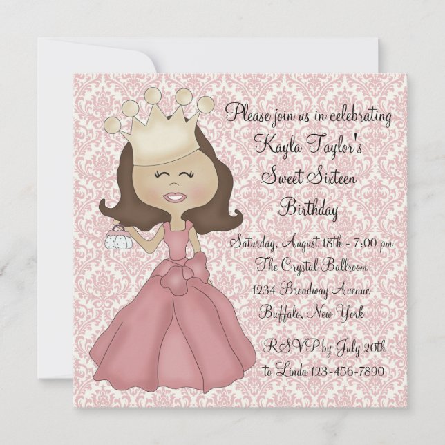 Convites Festa Sweet 16 Princesa Damask Rosa (Frente)