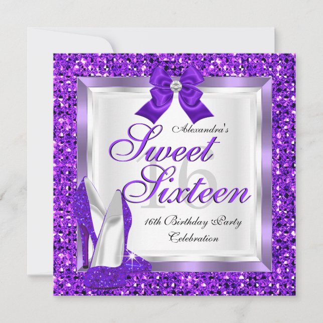 Convites Festa Sweet 16 Purple Brilho Prata (Frente)
