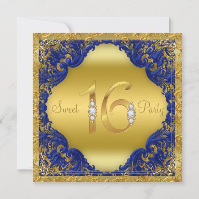 Convites Festa Sweet 16 Redemoinho Azul Real Dourado (Frente)