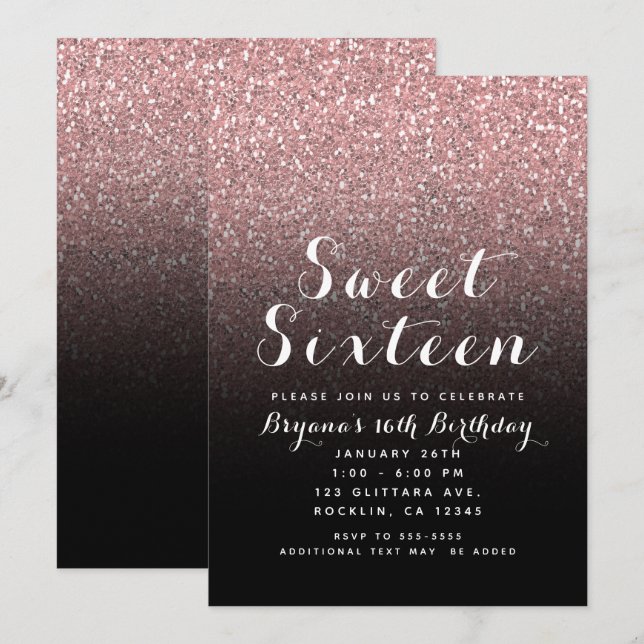 Convites Festa Sweet 16 Rosa Dourado com Glitter e Preto (Frente/Verso)