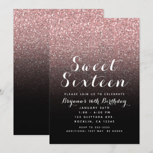 Convites Festa Sweet 16 Rosa Dourado com Glitter e Preto