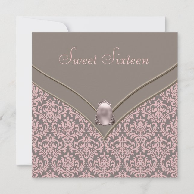 Convites Festa Sweet 16 Rosa Marrom Damask (Frente)