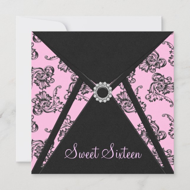 Convites Festa Sweet 16 Rosa Preto Damasco (Frente)