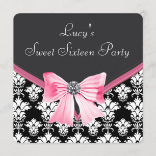Convites Festa Sweet 16 Rosa Preto Damasco