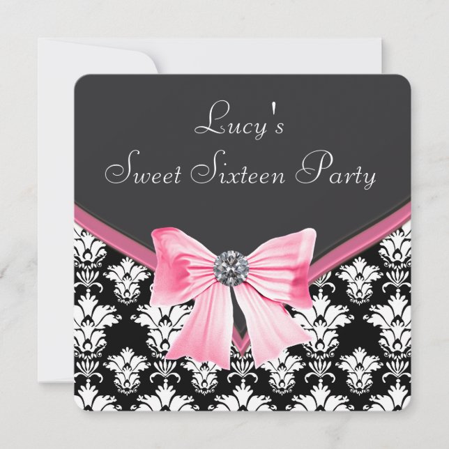 Convites Festa Sweet 16 Rosa Preto Damasko (Frente)