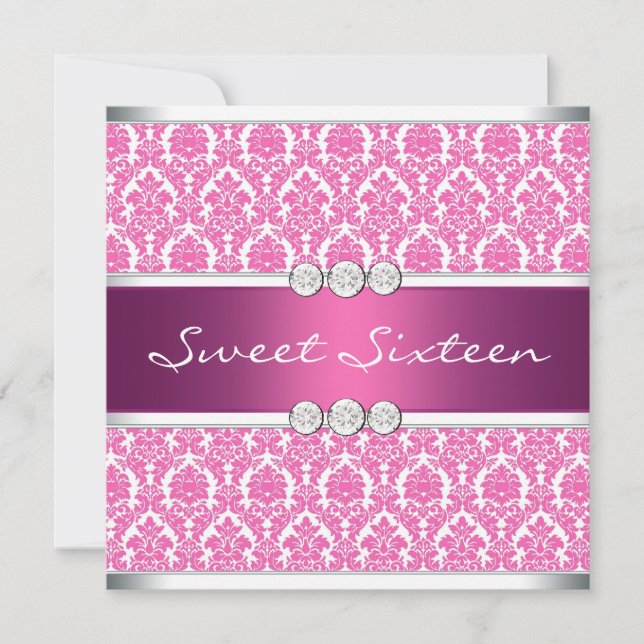 Convites Festa Sweet 16 Rosa Quente Damask (Frente)