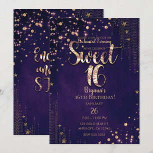Convites Festa Sweet 16 Roxo e Dourado Estrelas Caprichosas