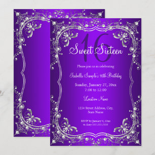 Convites Festa Sweet 16 Roxo Pérola Prata Damask