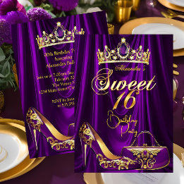 Convites Festa Sweet 16 Tiara Roxa Bolsa de salto alto Dour