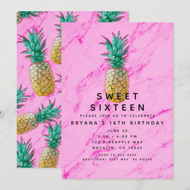 Convites Festa Sweet 16 Tropical de Abacaxi e Mármore Rosa (Frente/Verso)