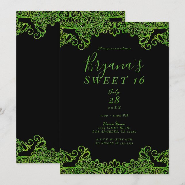 Convites Festa Sweet 16 Verde Lima Brilho Glitter Preto (Frente/Verso)