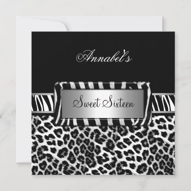 Convites Festa Sweet 16 Zebra Preto Branco Leopardo (Frente)
