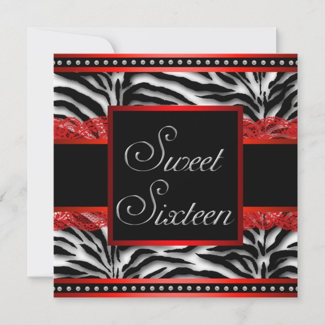 Convites Festa Sweet 16 Zebra Preto Branco Vermelho (Frente)
