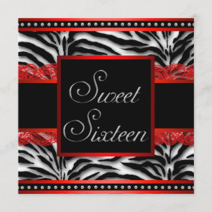 Convites Festa Sweet 16 Zebra Preto Branco Vermelho