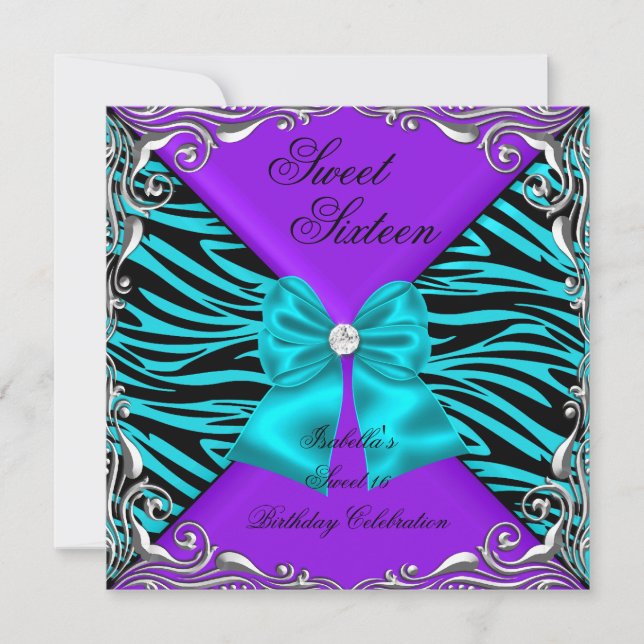 Convites Festa Sweet 16 Zebra Roxo Turquesa Arco de Diamant (Frente)