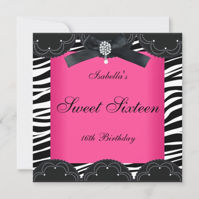 Convites Festa Sweet Sixteen 16 Rosa Preto Branco Zebra (Frente)