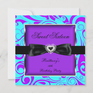 Convites Festa Sweet Sixteen 16 Roxo Azul Turquesa Swirl