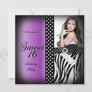 Convites Festa Sweet Sixteen 16 Roxo Zebra Manchas Pretas