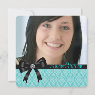 Convites Festa Sweet Sixteen Azul Turquesa Preto Damask