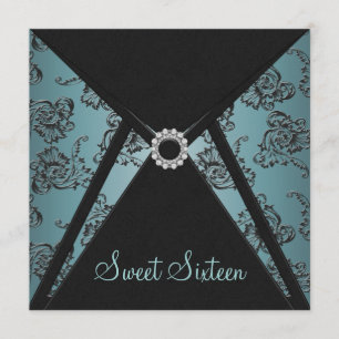 Convites Festa Sweet Sixteen Azul Verde Preto Damask