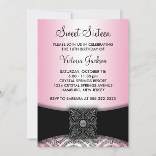 Convites Festa Sweet Sixteen com Damasco Rosa Preto