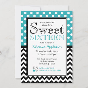 Convites Festa Sweet Sixteen com Pontos Turquesa & Chevron