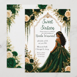Convites Festa Sweet Sixteen Floral Dourada Verde Esmeralda