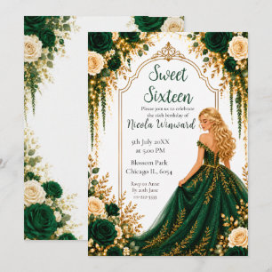 Convites Festa Sweet Sixteen Floral Dourada Verde Esmeralda