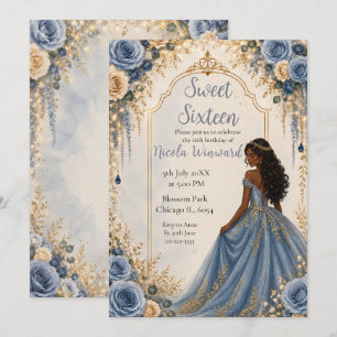 Convites Festa Sweet Sixteen Floral Dourado Azul Empoeirado