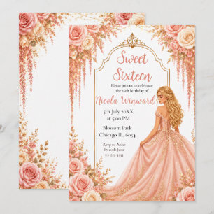 Convites Festa Sweet Sixteen Floral Rosa Bege Dourado