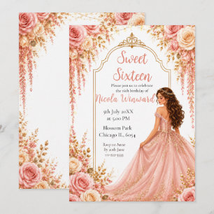 Convites Festa Sweet Sixteen Floral Rosa Bege Dourado