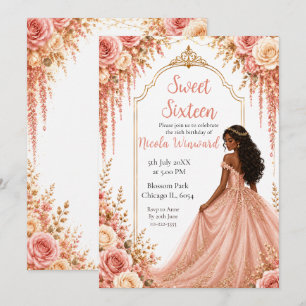 Convites Festa Sweet Sixteen Floral Rosa Bege Dourado