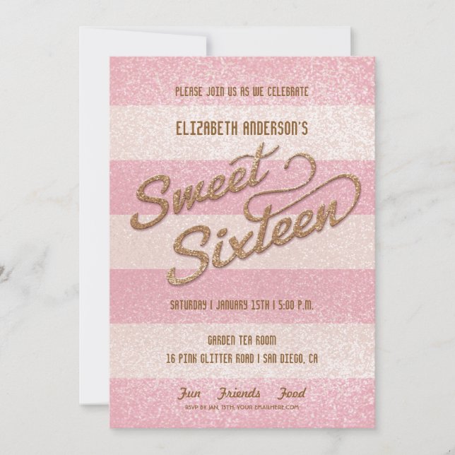 Convites Festa Sweet Sixteen Listras Cor-de-Rosa Glamour (Frente)