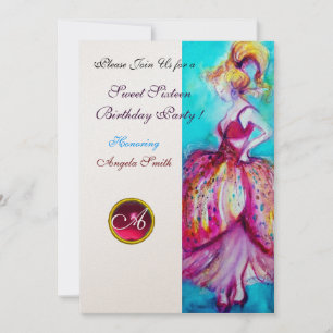 Convites FESTA SWEET SIXTEEN, Monograma dourado Rosa Vermel