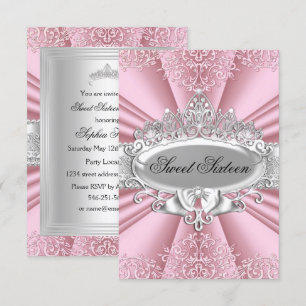 Convites Festa Sweet Sixteen Pink Tiara Damask