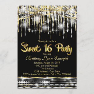 Convites Festa Sweet Sixteen Preto e Dourado Brilho Glamour