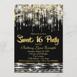 Convites Festa Sweet Sixteen Preto e Dourado Brilho Glamour