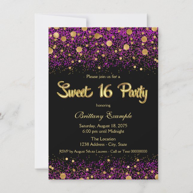 Convites Festa Sweet Sixteen Roxa e Dourada (Frente)