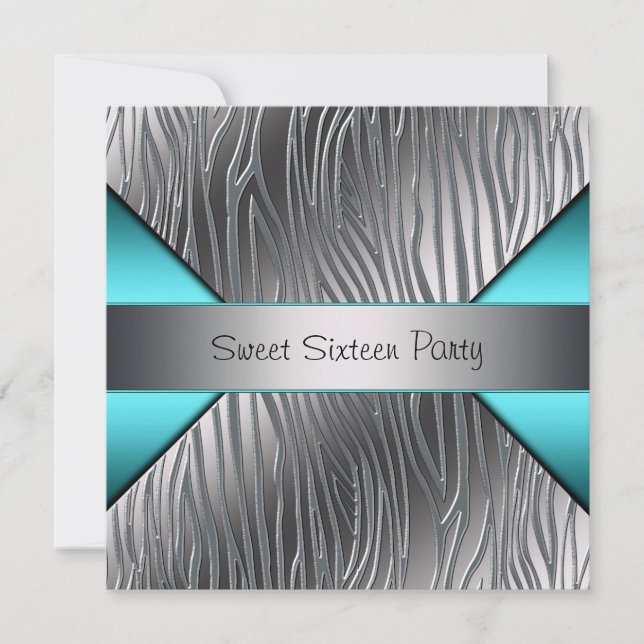 Convites Festa Teal Azul Prata Zebra Sweet 16 (Frente)