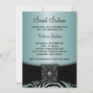 Convites Festa Teal Azul Preto Zebra Sweet Sixteen