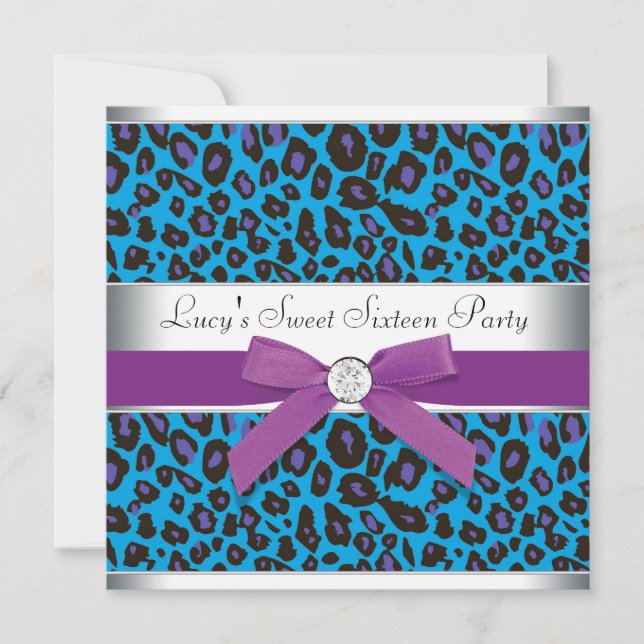 Convites Festa Teal Roxo Leopardo Sweet 16 (Frente)